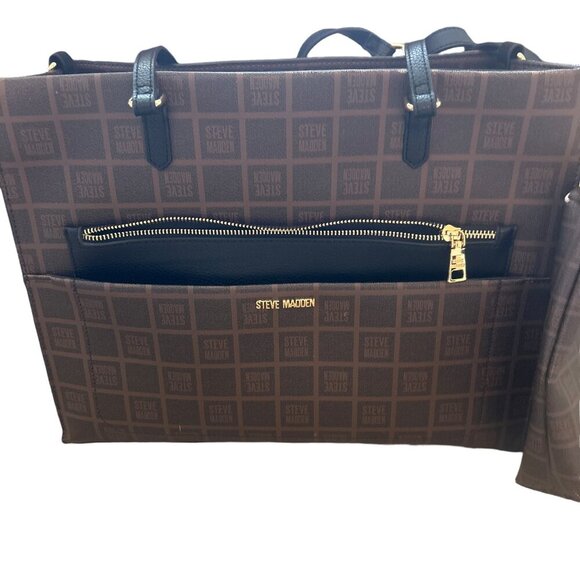 STEVE MADDEN Handbags - STEVE MADDEN PLAID TOTE SET BLIVIA COGNAC LOGO WITH PURSE